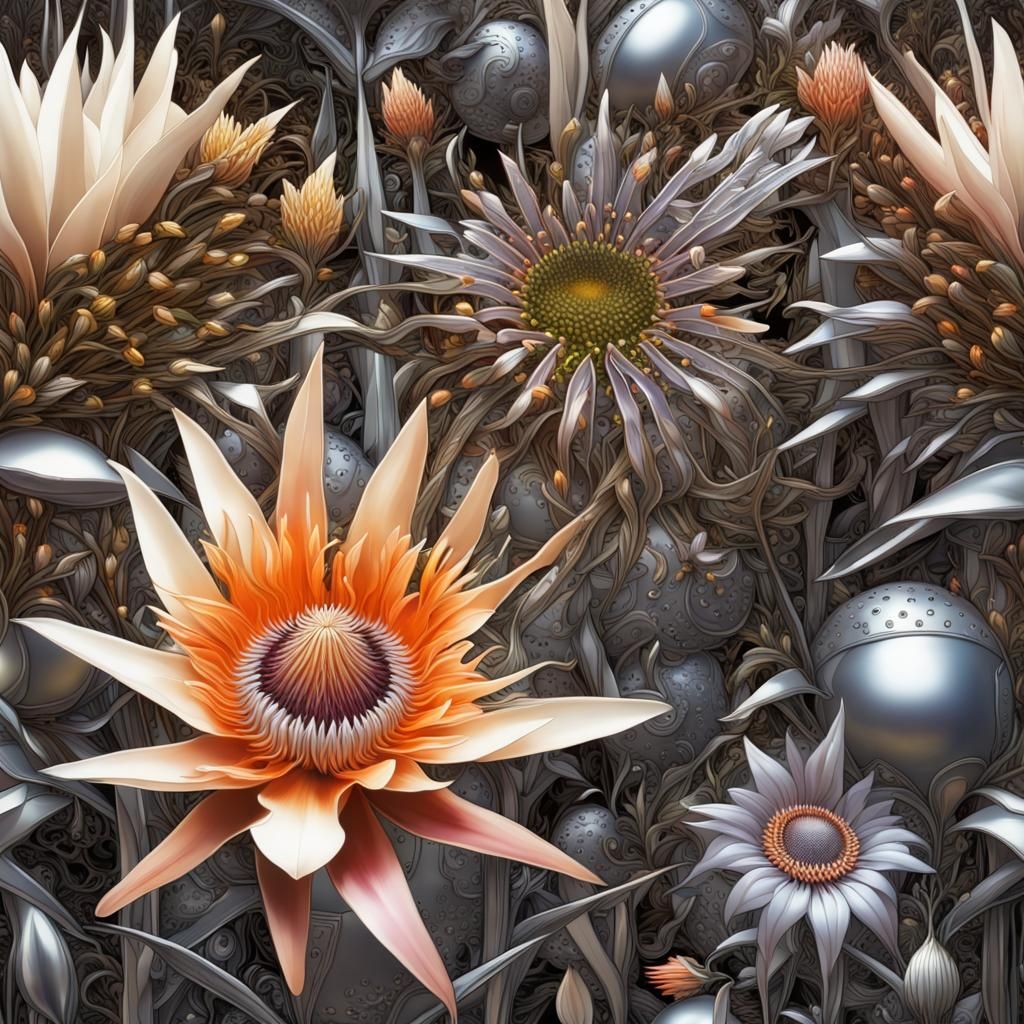 A field full of metal flowers with protea and passionflower and columbine and Strelitzia on the planet Cybertron