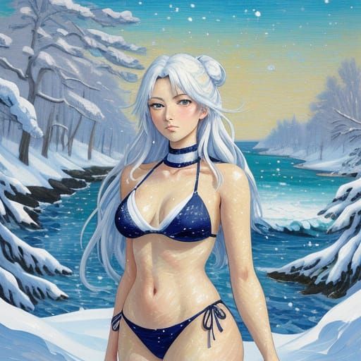 Anime Woman in Winter Bikini, Neo-Impressionist Oil Painting