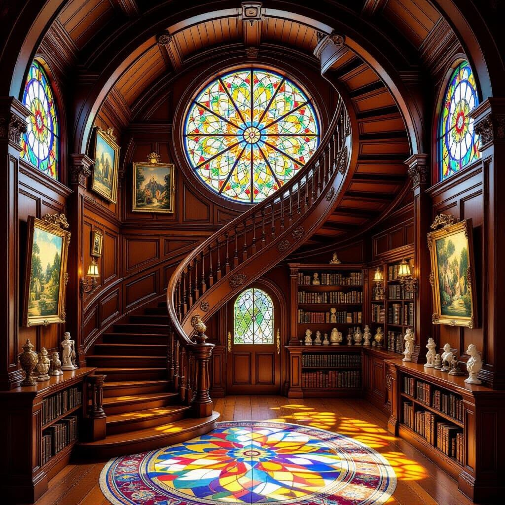 Cozy Hall With Stained-Glass Window And Spiral Staircase