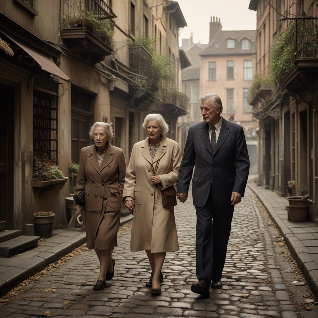 Aged Couple Strolls Down Cobblestone Street in Warm, Golden...