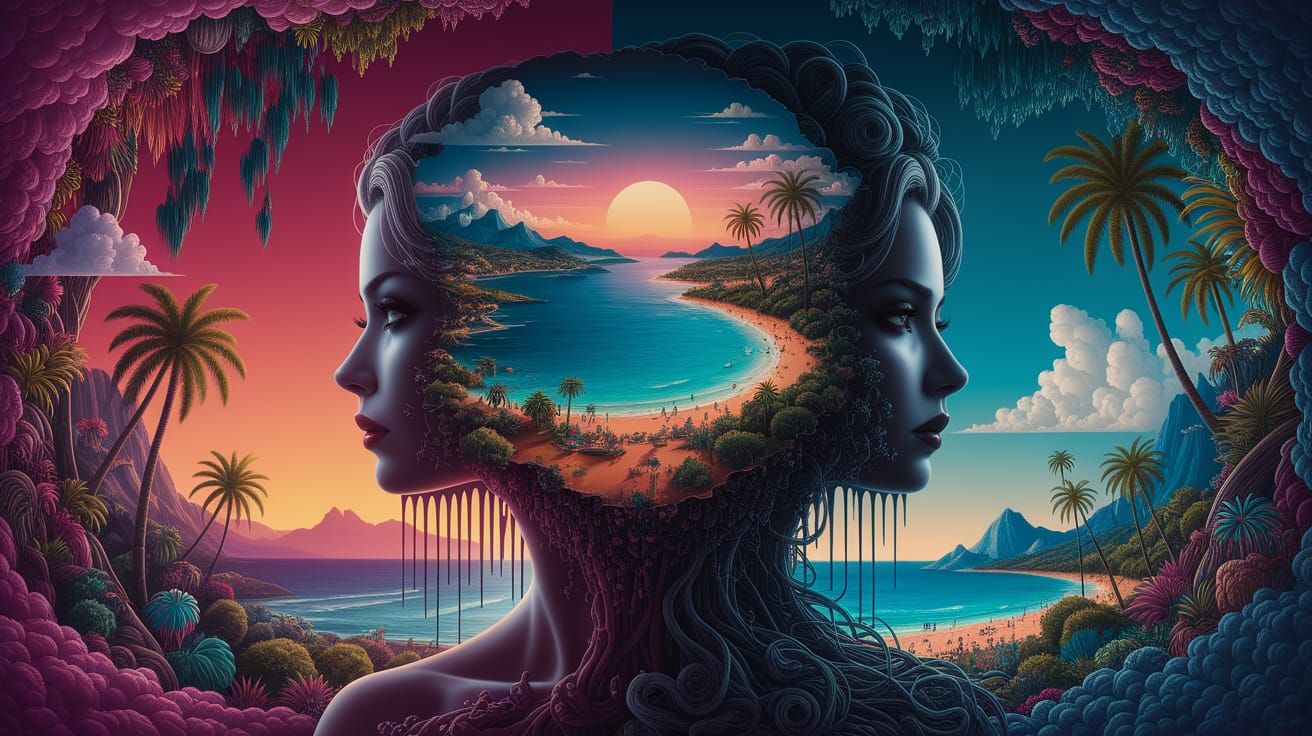 Gothic Goddess Emerging from Tropical Sunset