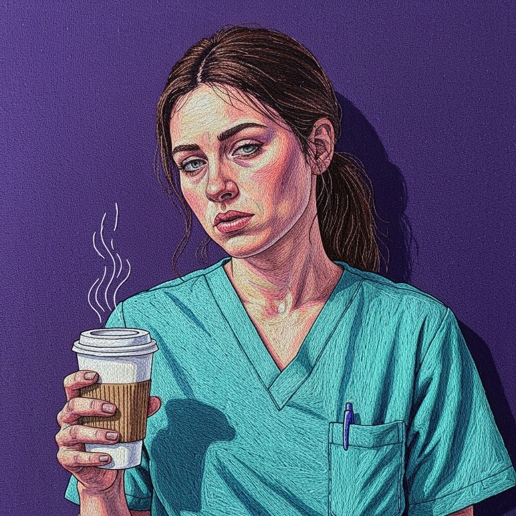 Embroidered Portrait of Tired Nurse in Teal Scrubs