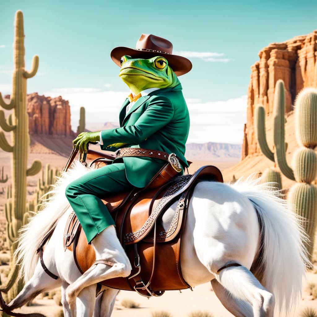Frog Cowboy Rides Mustang in Desert