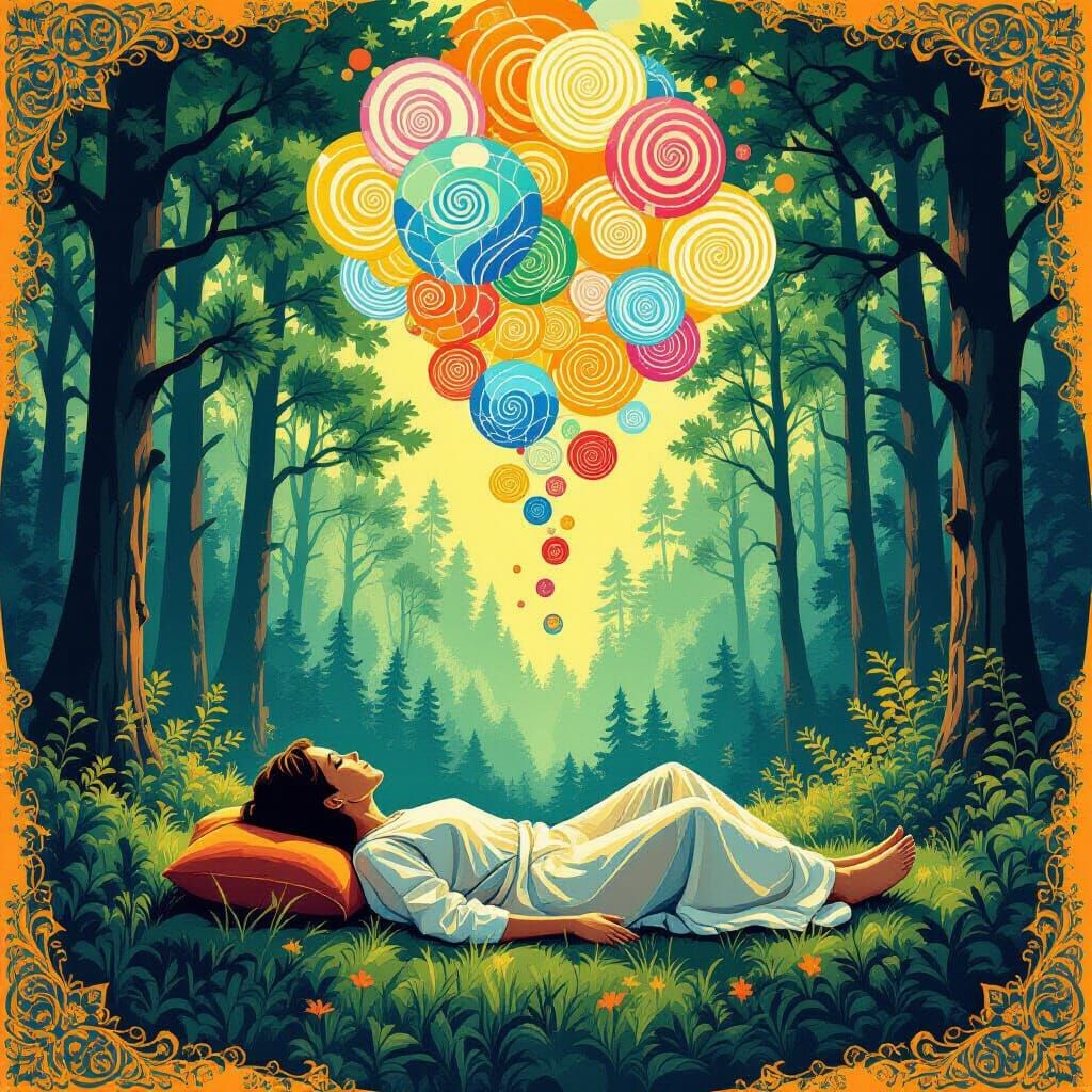 Meditating Figure in Surreal Forest: Pop Art Digital Illustr...