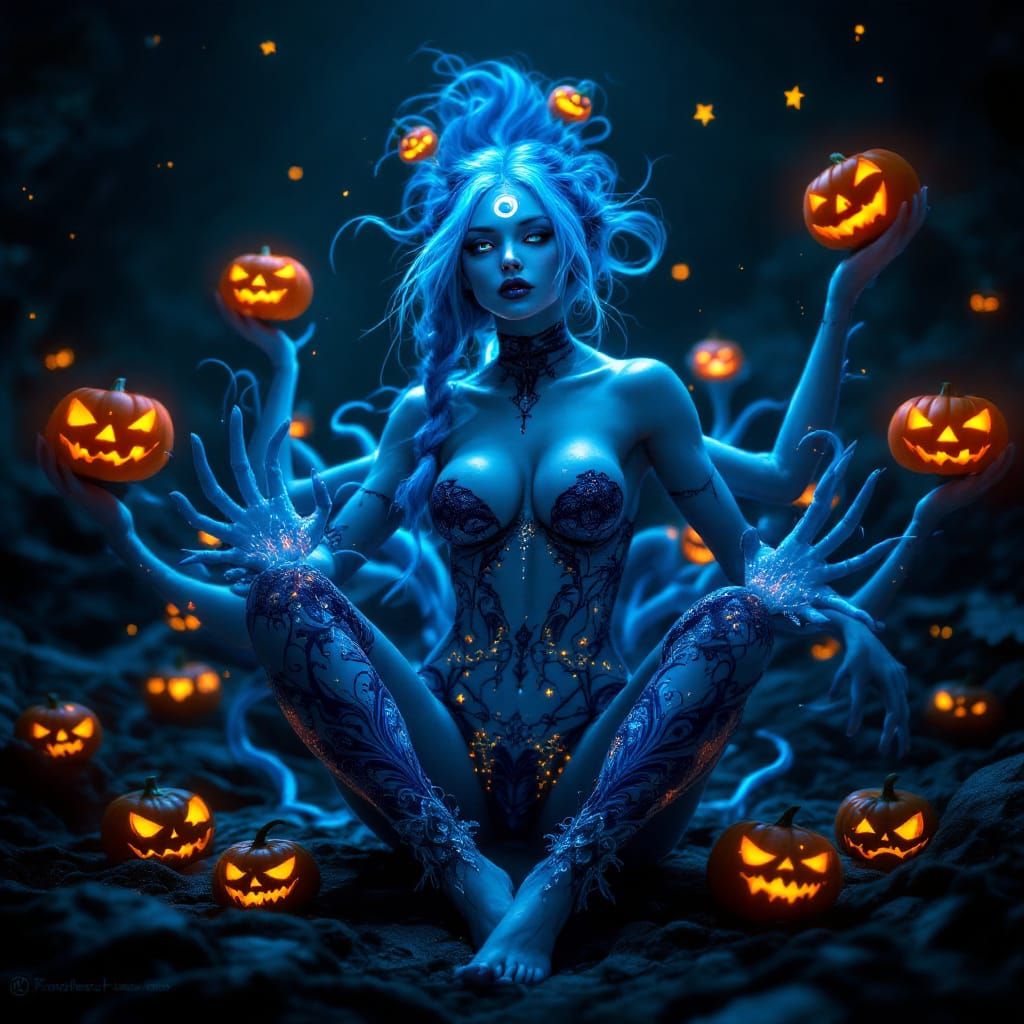 Blue-Haired Cyclops Woman in Halloween Pajamas