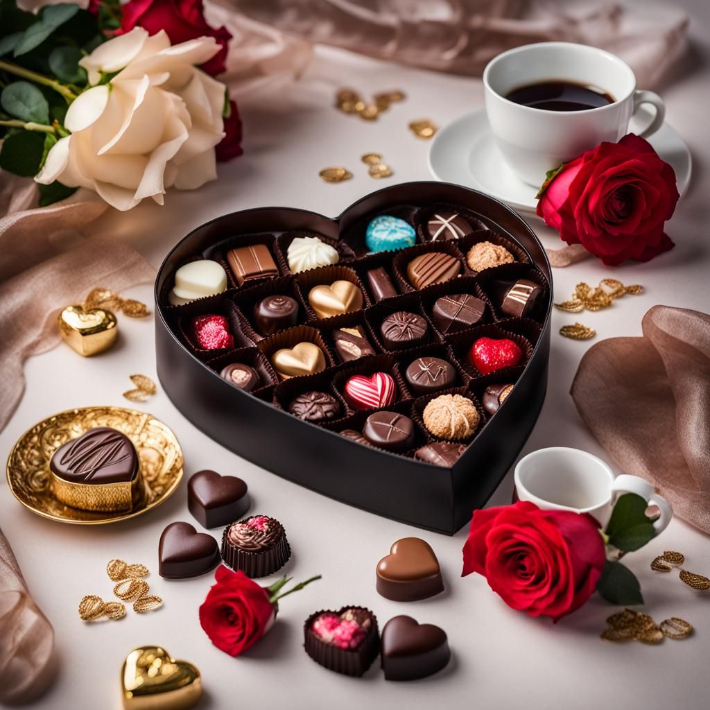 Heart-Shaped Chocolates with Roses: Luxurious Fine Art Photo