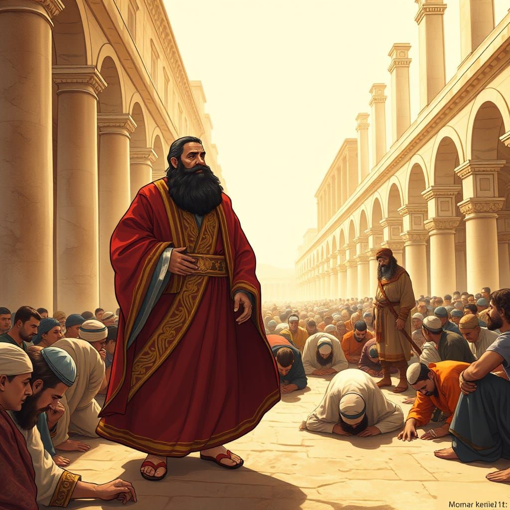 Regal Haman Strolls Down Persian Street, Surrounded by Prost...