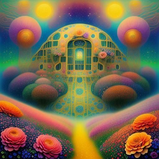 Futuristic Spaceship over Flower Field in Surrealist Style