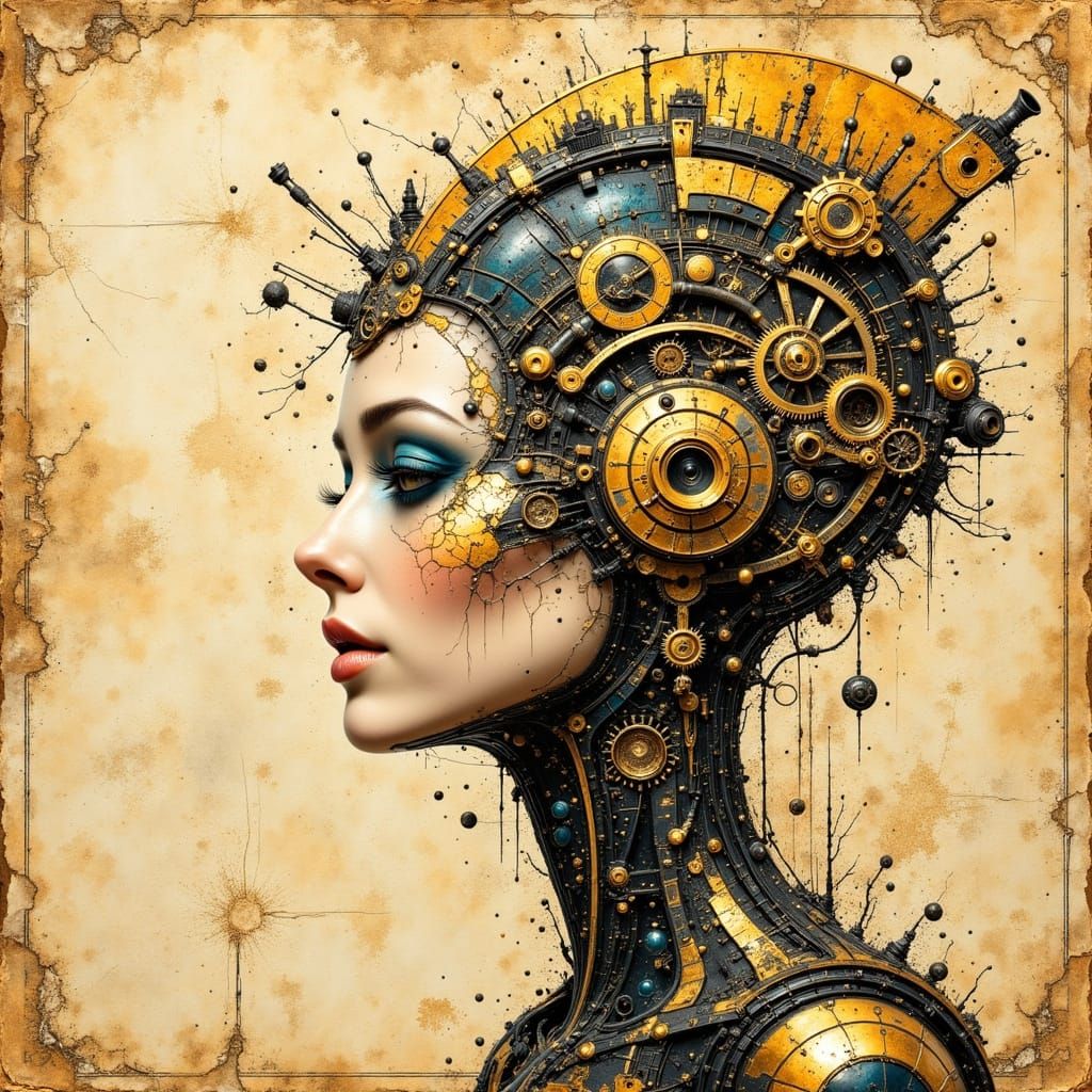 Steampunk Cyborg Blueprint in Victorian Industrial Style