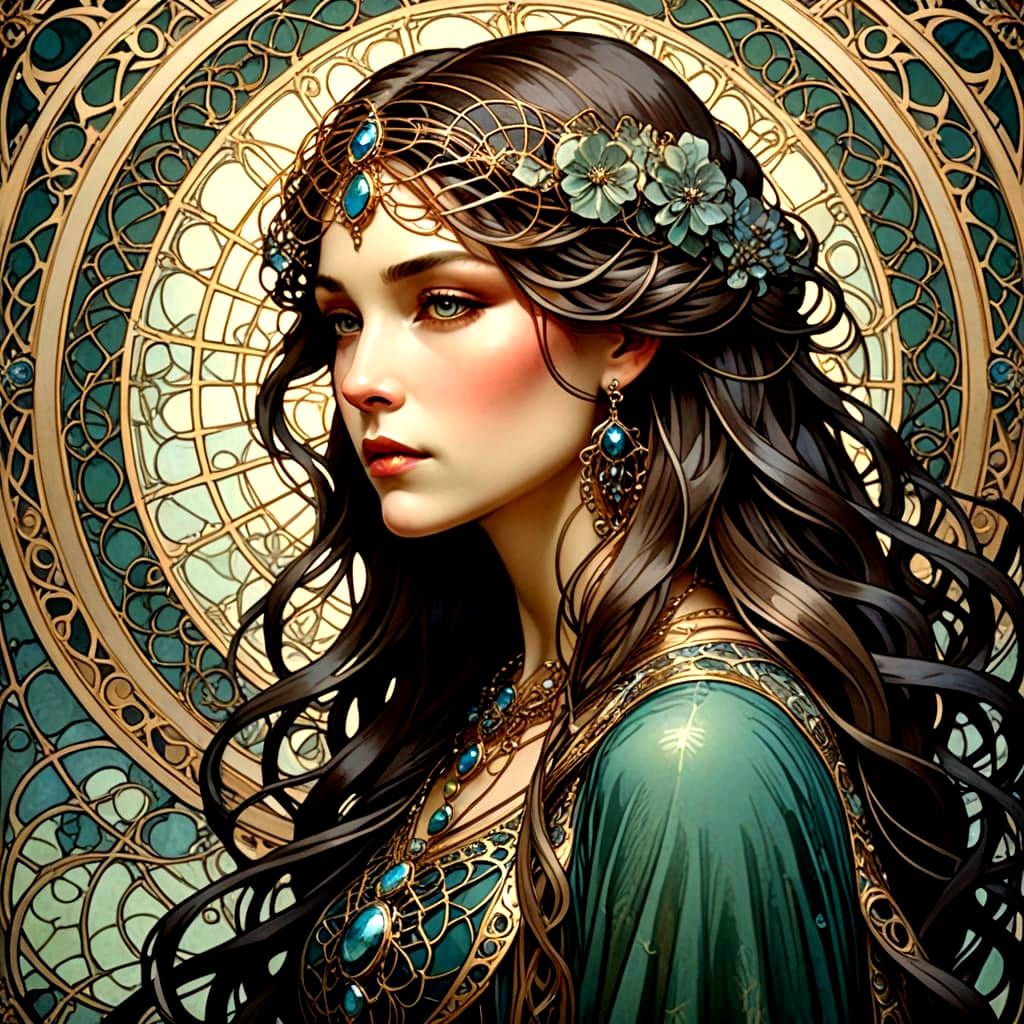 Art Nouveau Woman with Spiderweb Hair in Opulent Ballroom