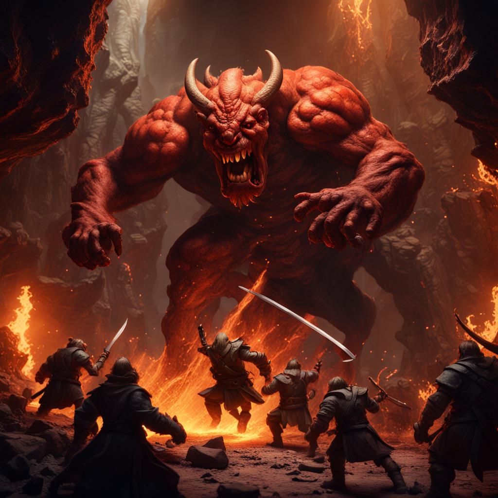 Balrog Attacks Dwarves: Detailed Fantasy Matte Painting