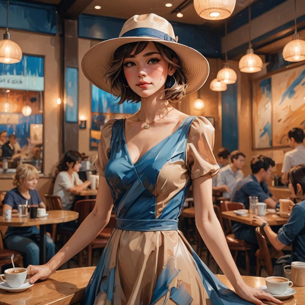 Woman in Coffee Shop in 3D Anime Style