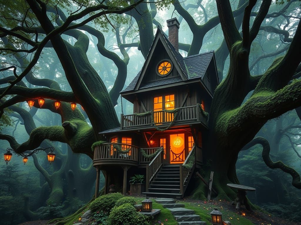 Enchanted Elf Treehouse Amidst Whimsical Forest