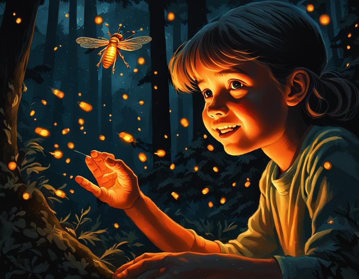 Girl and Firefly Encounter in Rockwell Style