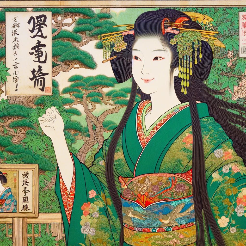 Japanese Woman in Kimono: Ukiyo-e Style Woodblock Print