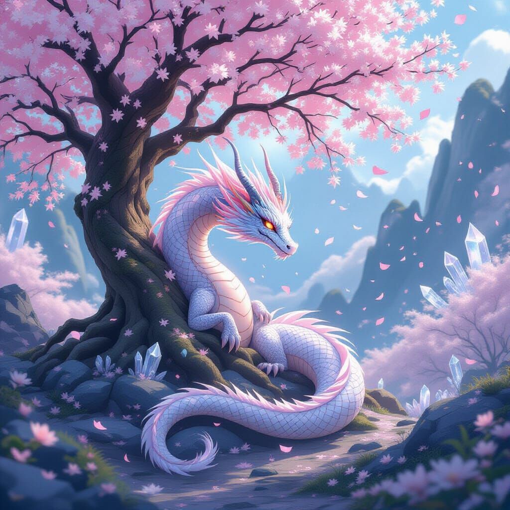 Bioluminescent Dragon and Cherry Blossom Tree: 3D Anime Art