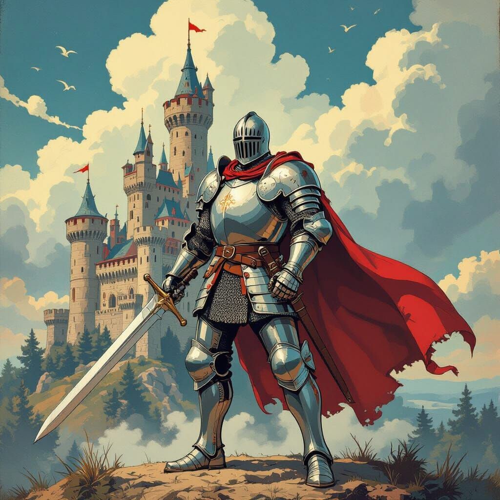 1950s Knight Illustration: Valiant Warrior Before Castle