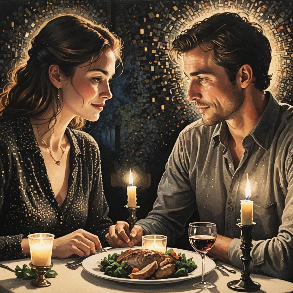 Couple's Romantic Dinner in Pointillism Style
