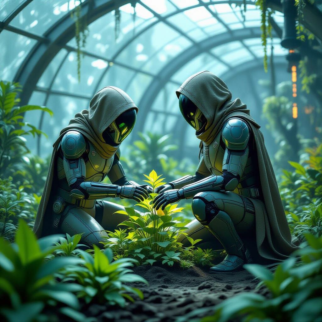 Alien Botanist in Biodome: Cinematic Sci-Fi Art