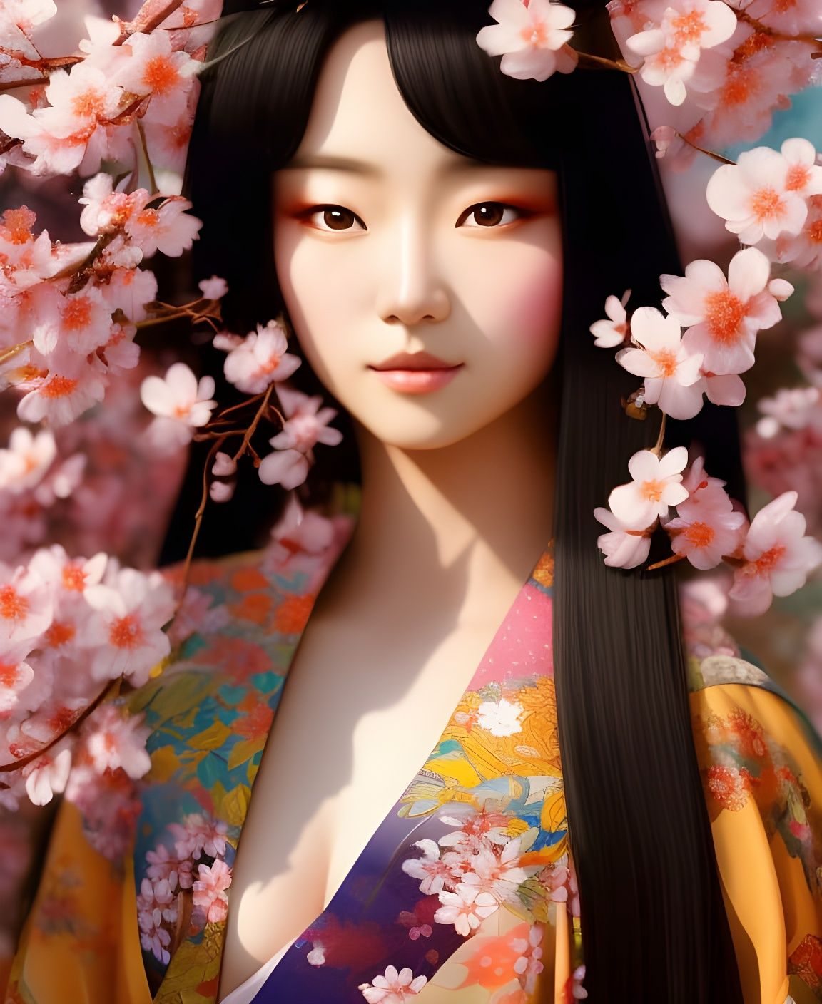 Japanese Goddess Portrait with Cherry Blossoms