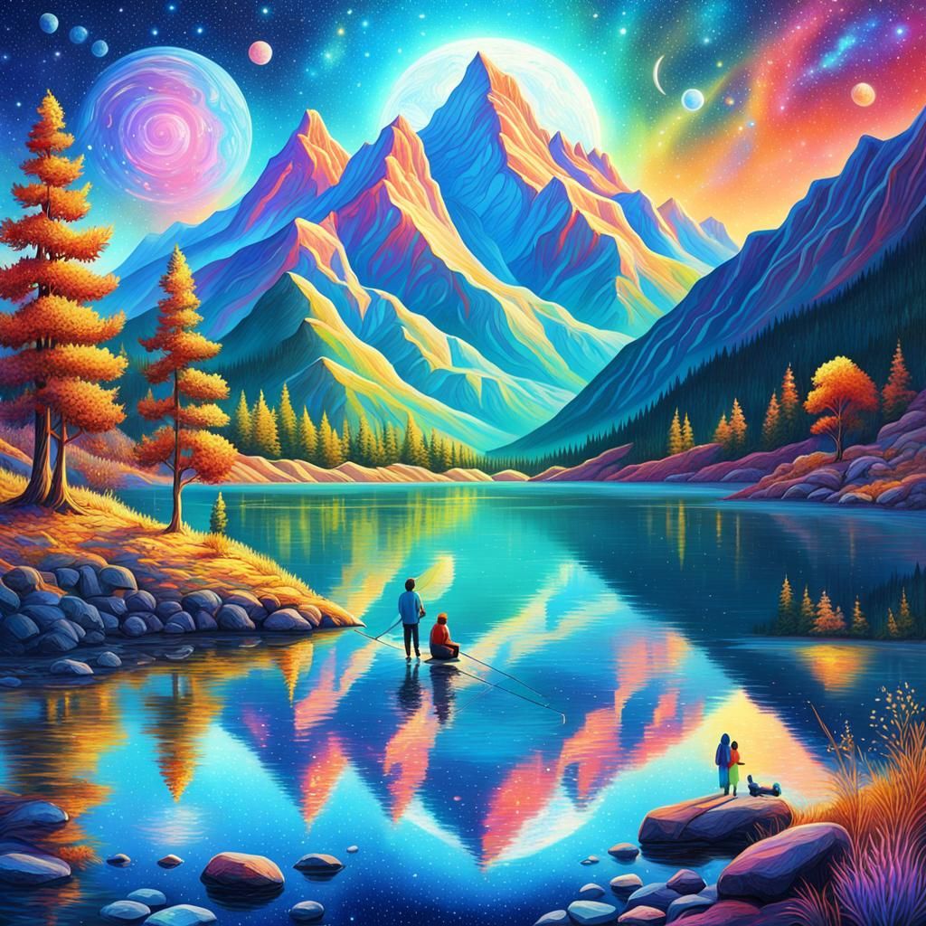 Cosmic Fishing by Mountain Lake Illustration
