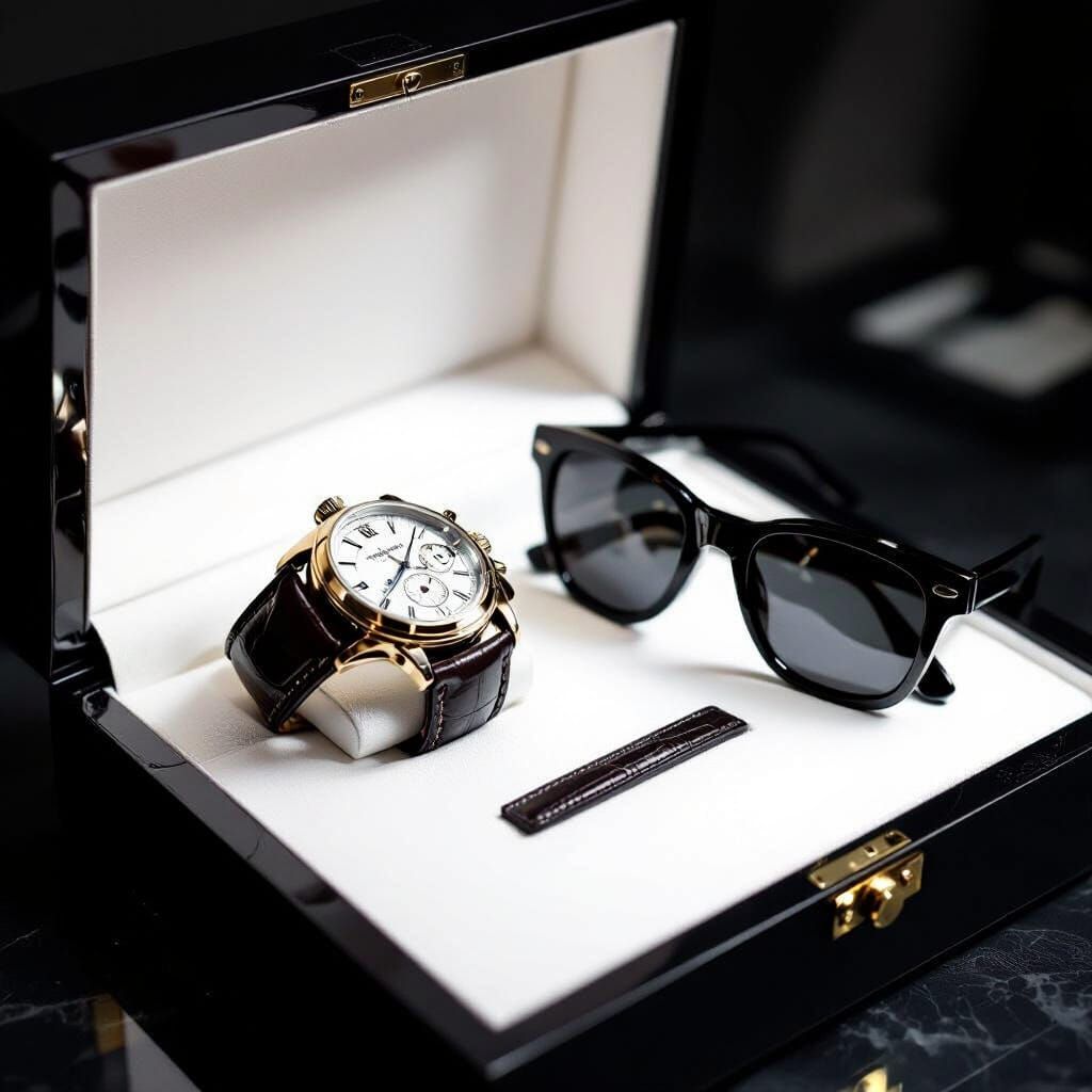Modern Shadow Box With Vintage Watch and Sunglasses
