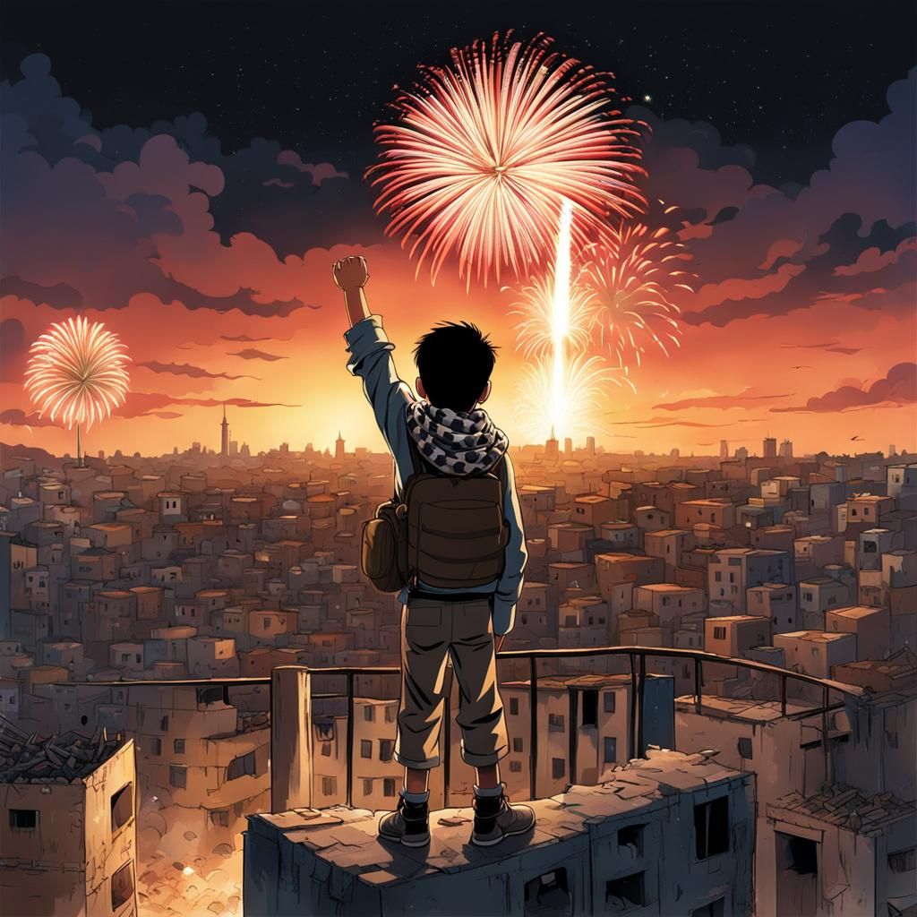 Palestinian Boy with Keffiyeh Overlooking Gaza in Anime Styl...