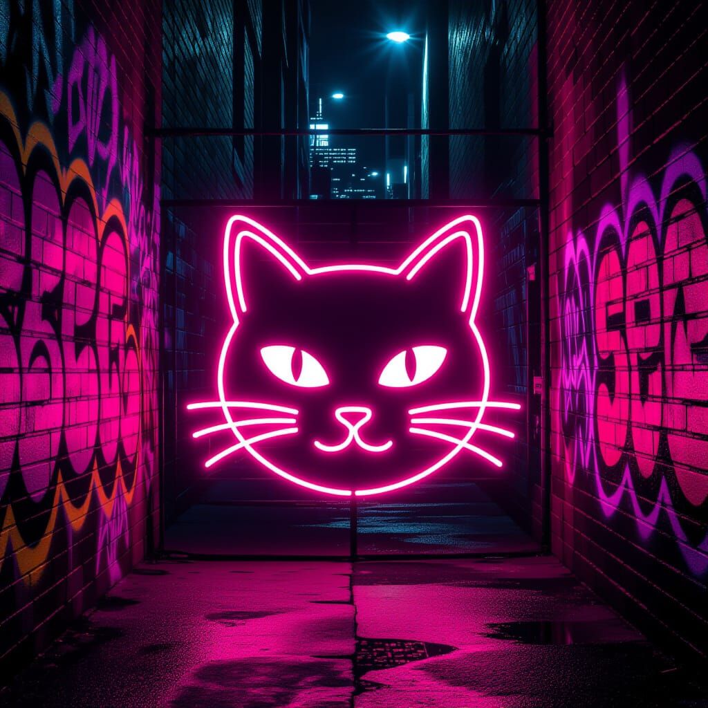 Vibrant Pink Neon Cat Sign in Gritty Alley