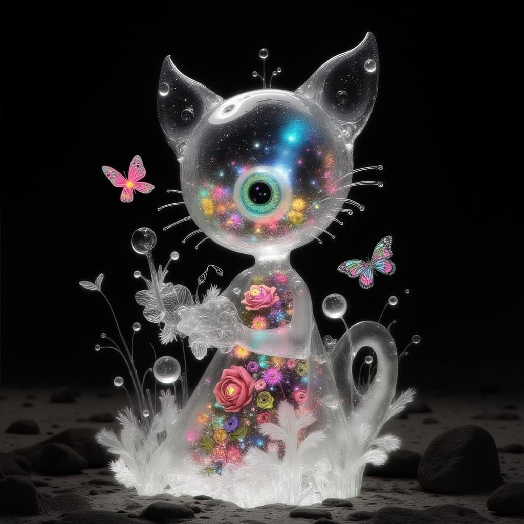 Surreal Lucite Cat Sculpture with Whimsical Scene