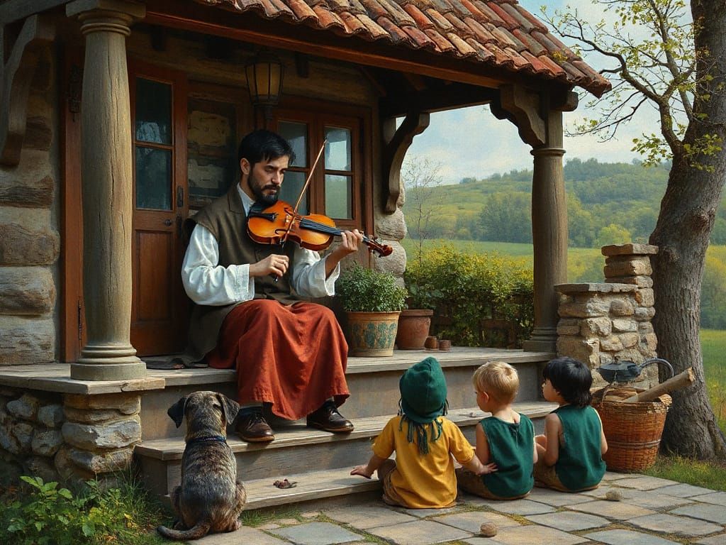 Gothic European Couple Playing Fiddle with Children in Gouac...