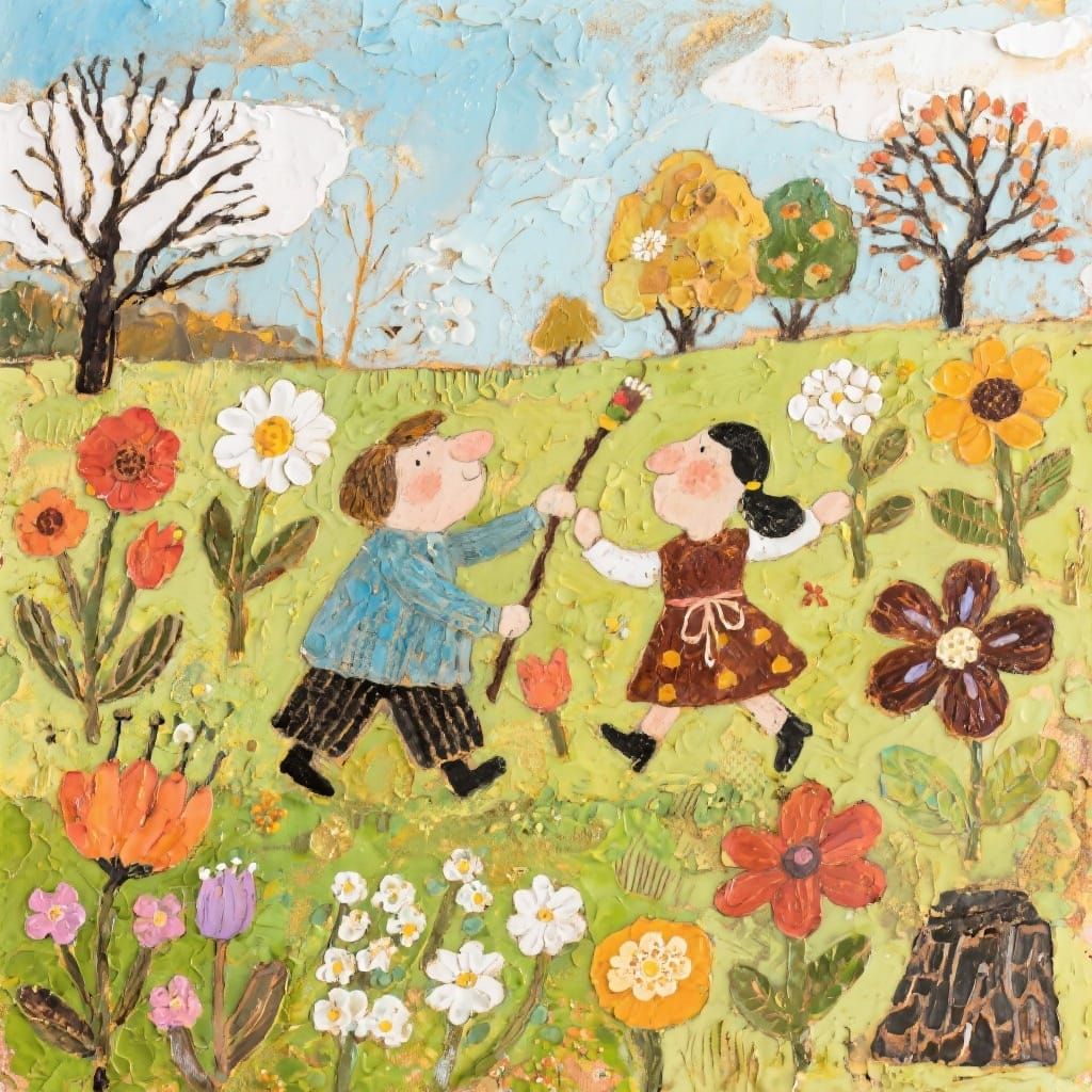 Seasonal Flowers Dance in Textured Naive Encaustic Art