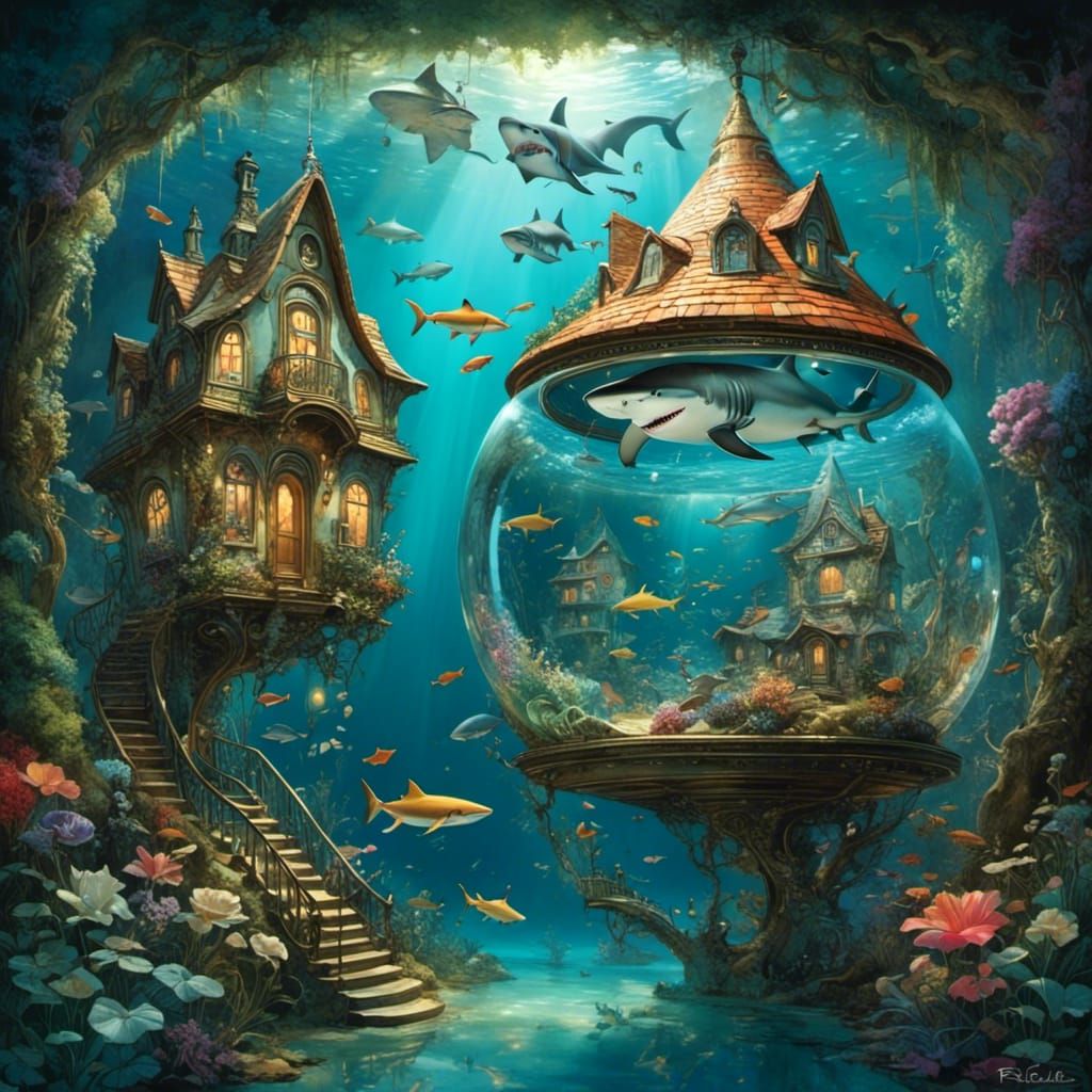 Surreal Fairy House Floating with Shark