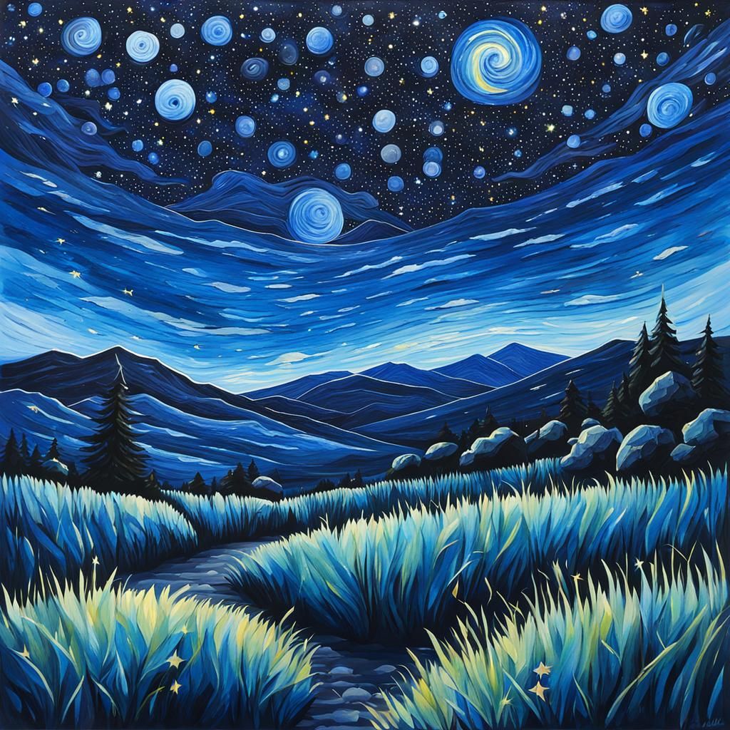 Starry Night Landscape in Gouache