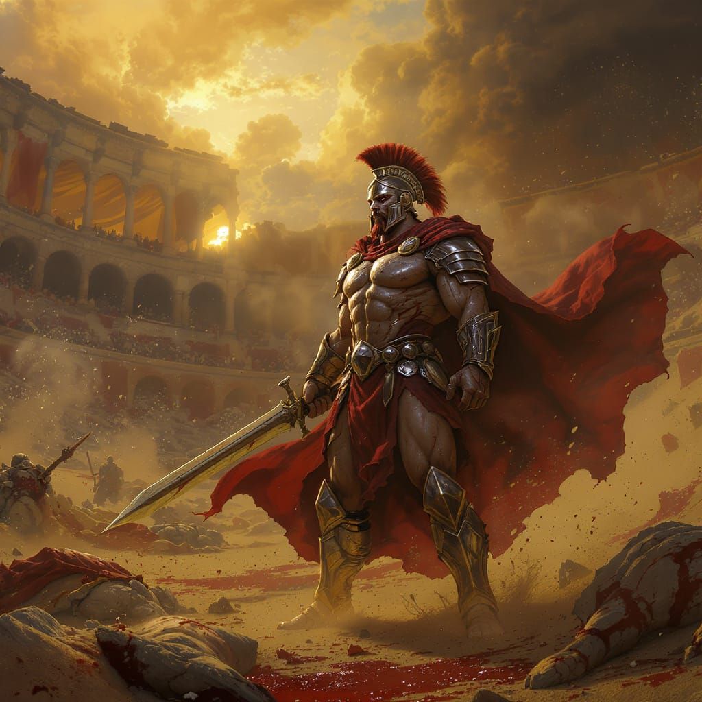 Victorious Gladiator in Arena Ruins: Fantasy Art