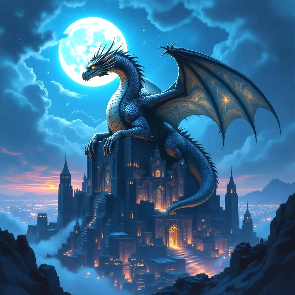 Ancient Dragon on Obsidian Citadel Above Neon City