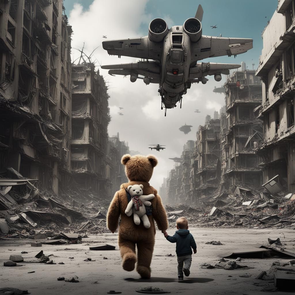 Toddler in War-Torn City: Film Noir Scene