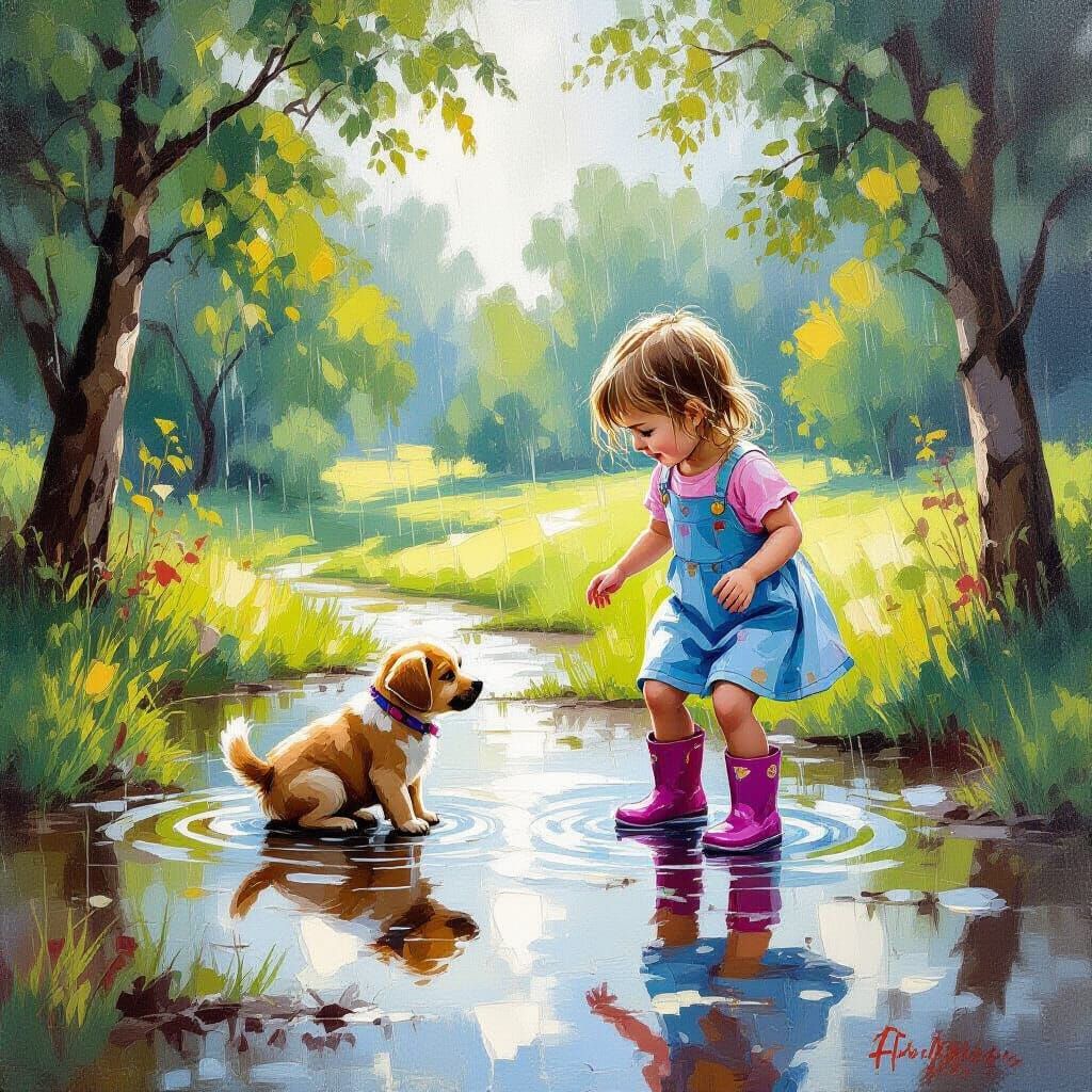 Girl and Puppy in Puddle, Fumage Style