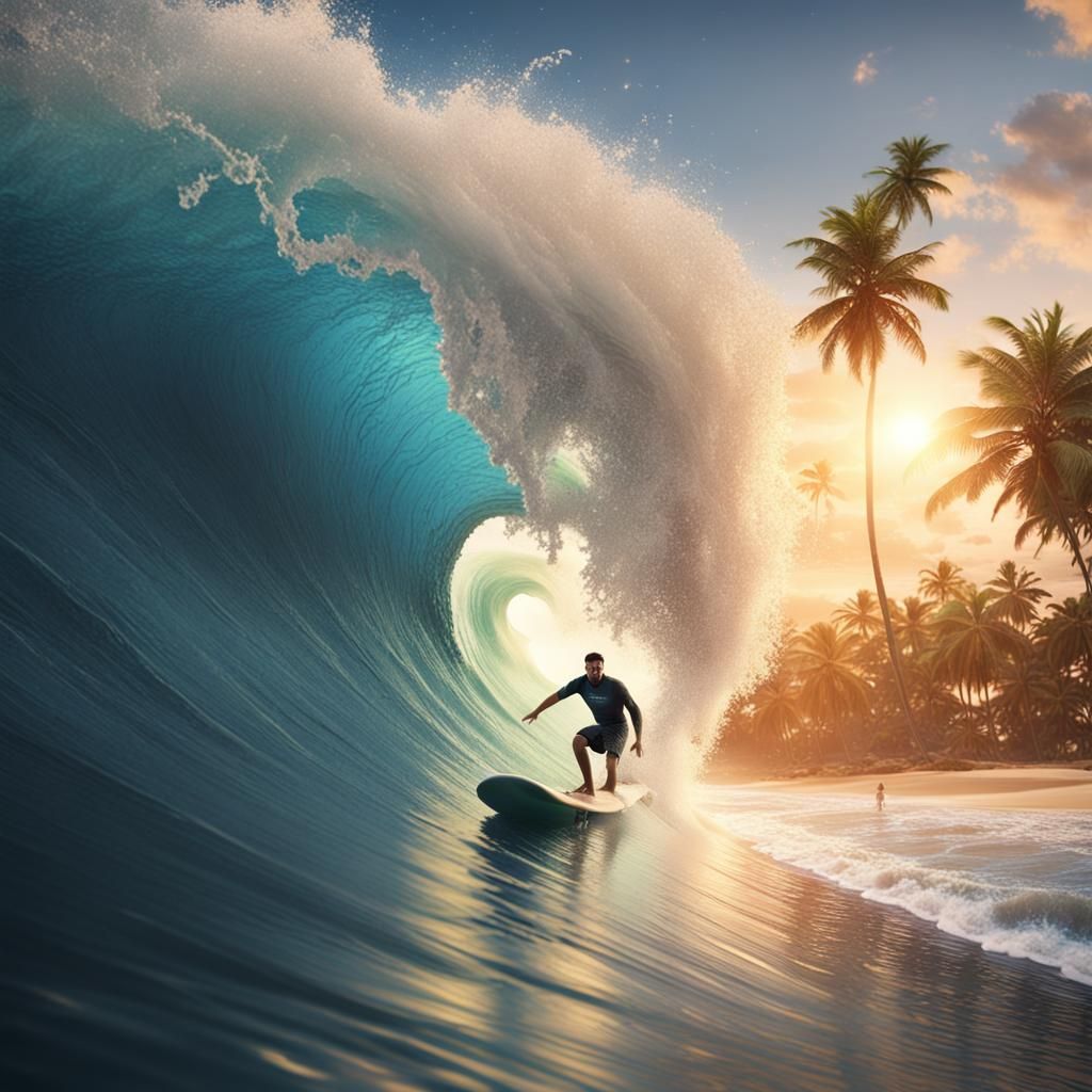 Surfer Rides Sunset Wave: Detailed Fantasy Art