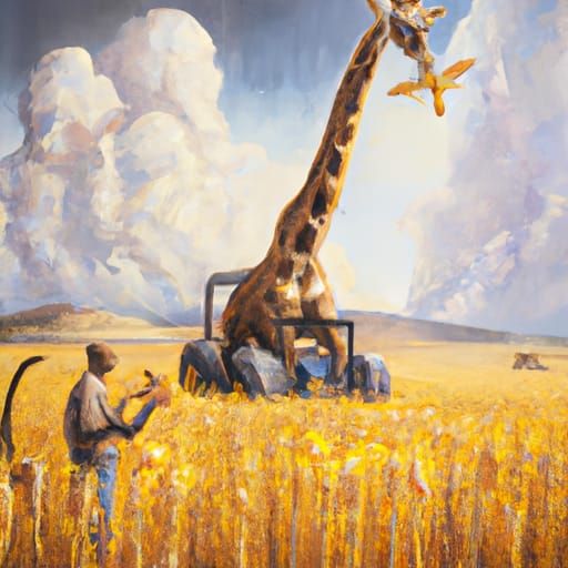 Giraffe Drives Combine Harvester: Oil Painting