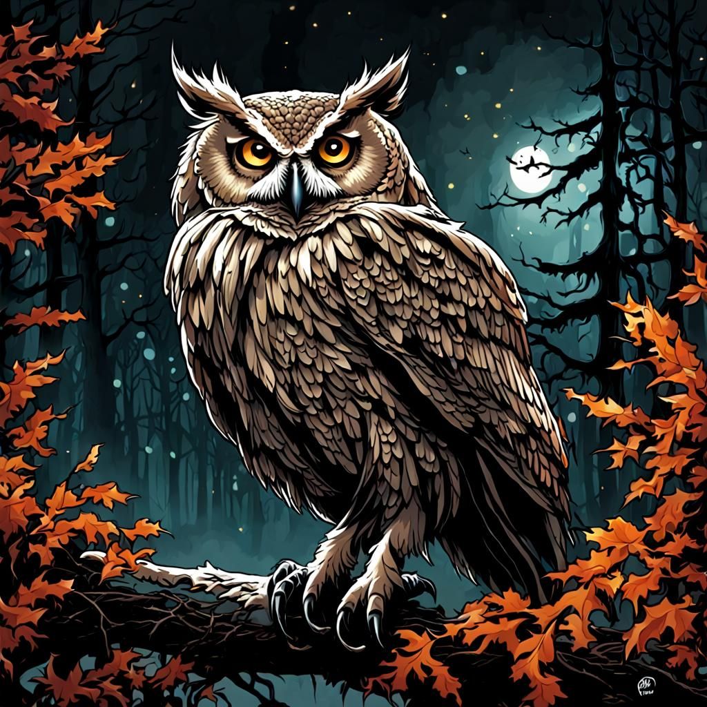 Ominous Owl at Twilight in Comic Art Style
