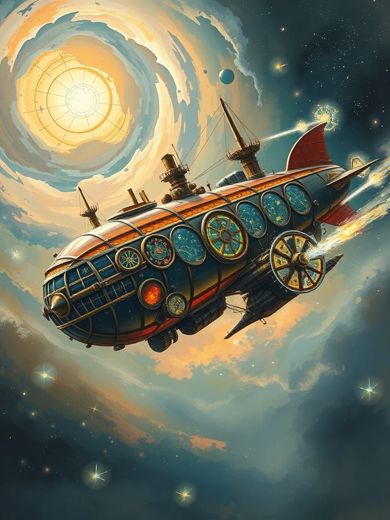 Steampunk Airship Soaring Through a Nebula
