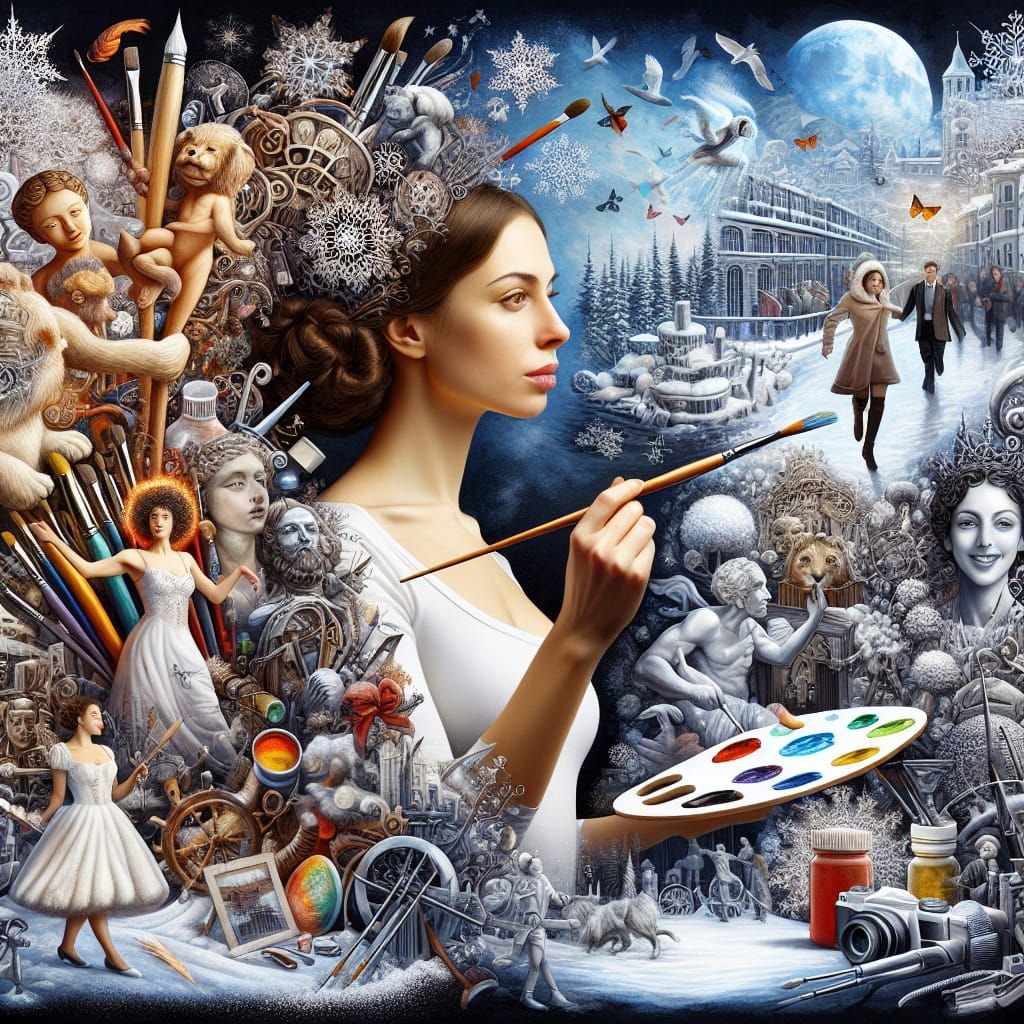 Female Artist Amidst Surreal Dreamlike Scenes