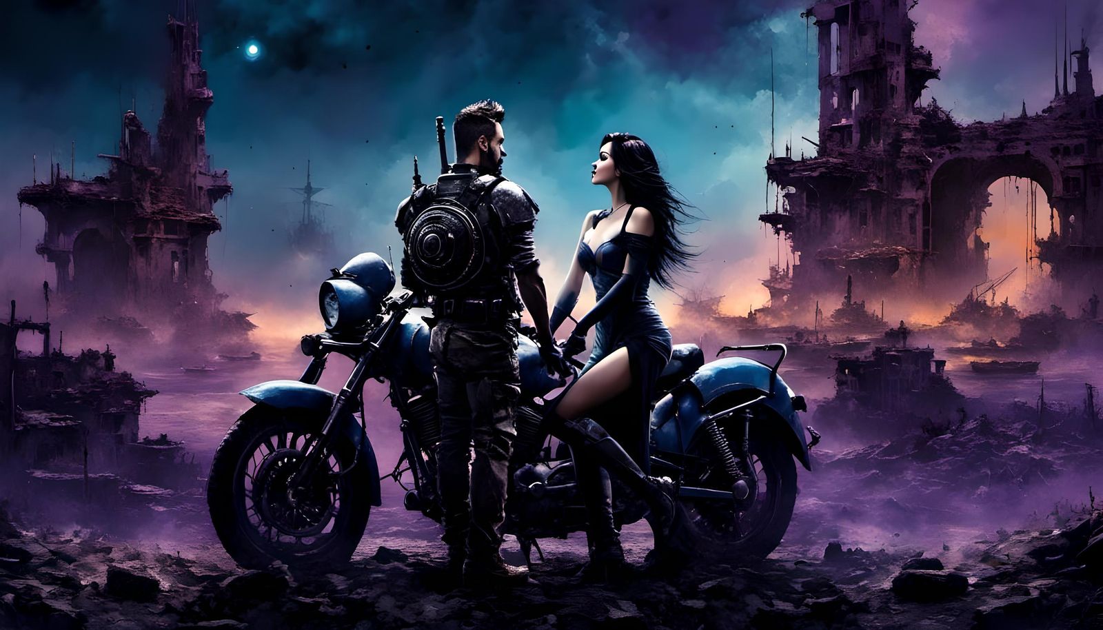 Cyborg and Pilot in Futuristic Harbor Ruins