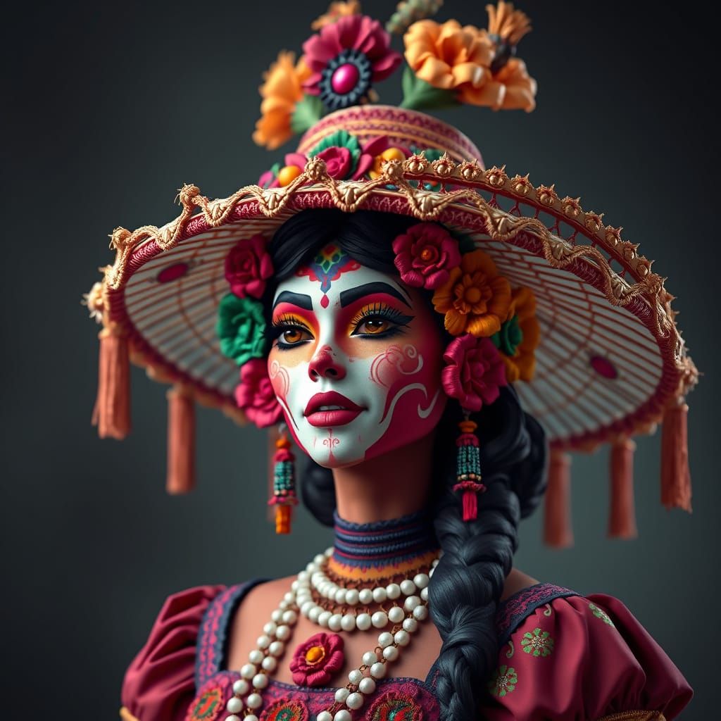 " Catrina mejicana con sombrero chino "
" Pintura mate detallada, colores profundos, fantástico, detalles intrincados, p...