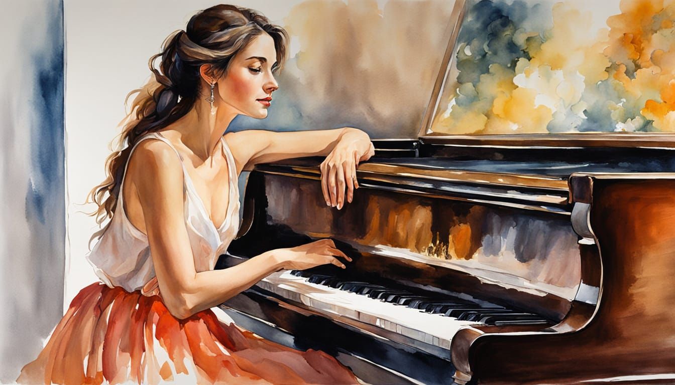 Woman Smiling by Grand Piano in Rembrandt Style Sketch