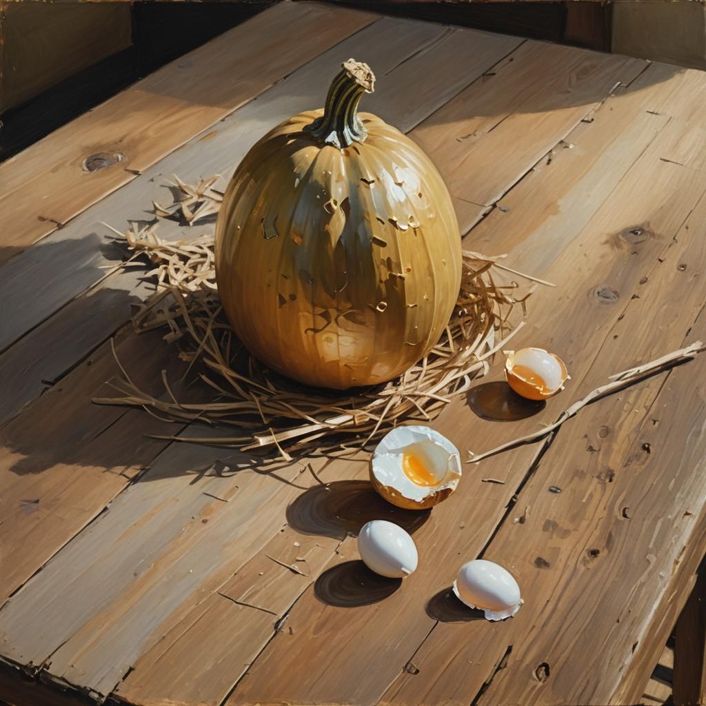 Earthy Still-Life Oil Painting of Gourd and Egg