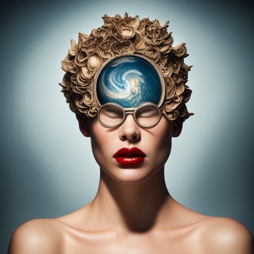 Fashion Woman with Glass Globe Head: Surreal Portrait