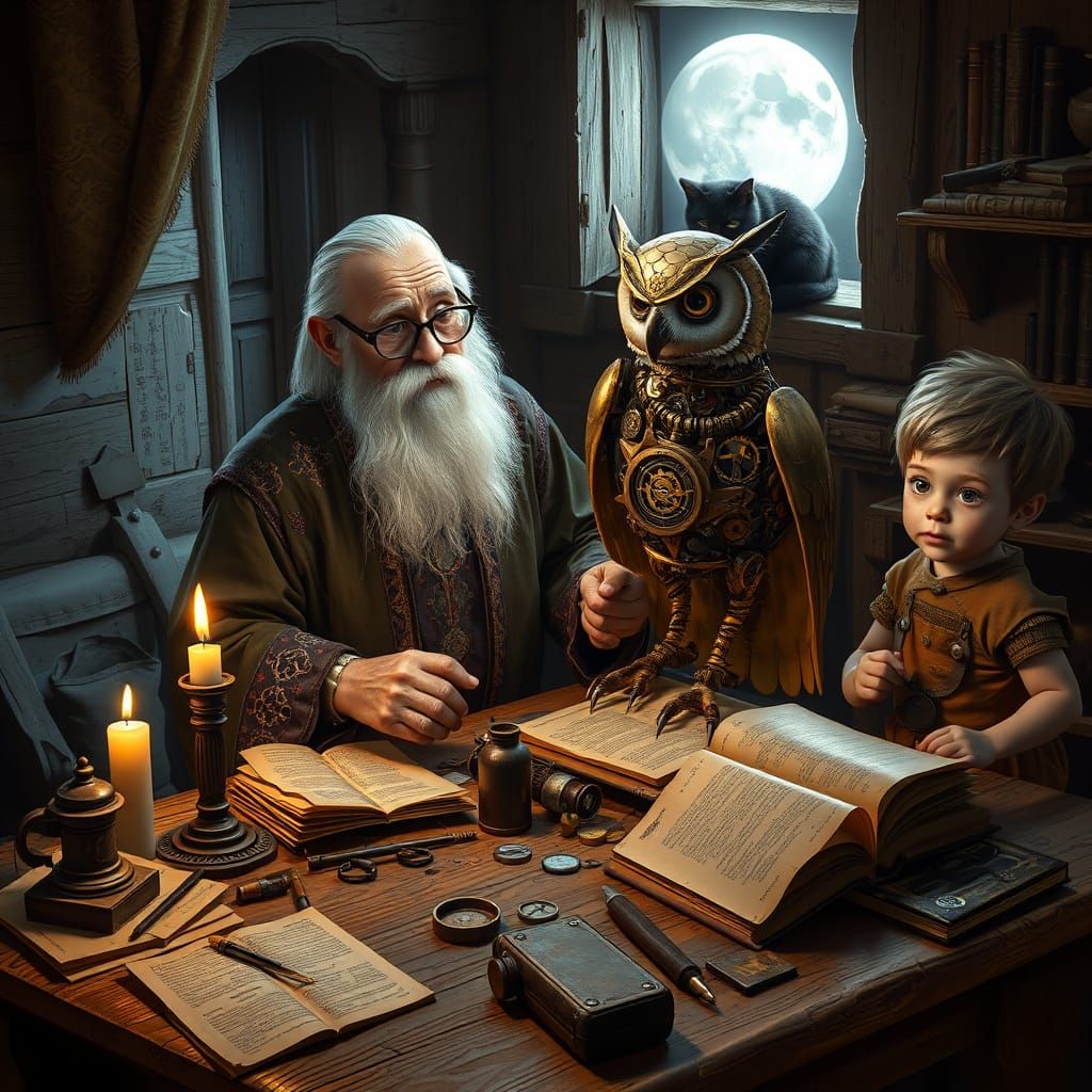 A Wise Magician Repairs a Mechanical Owl Amidst a Study of W...