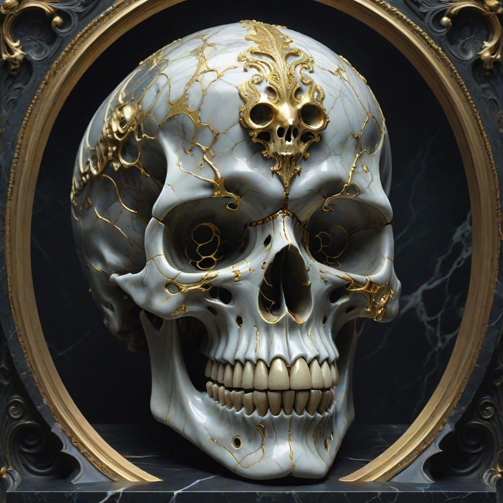 Baroque-Inspired Marble Skull with Gold Accents