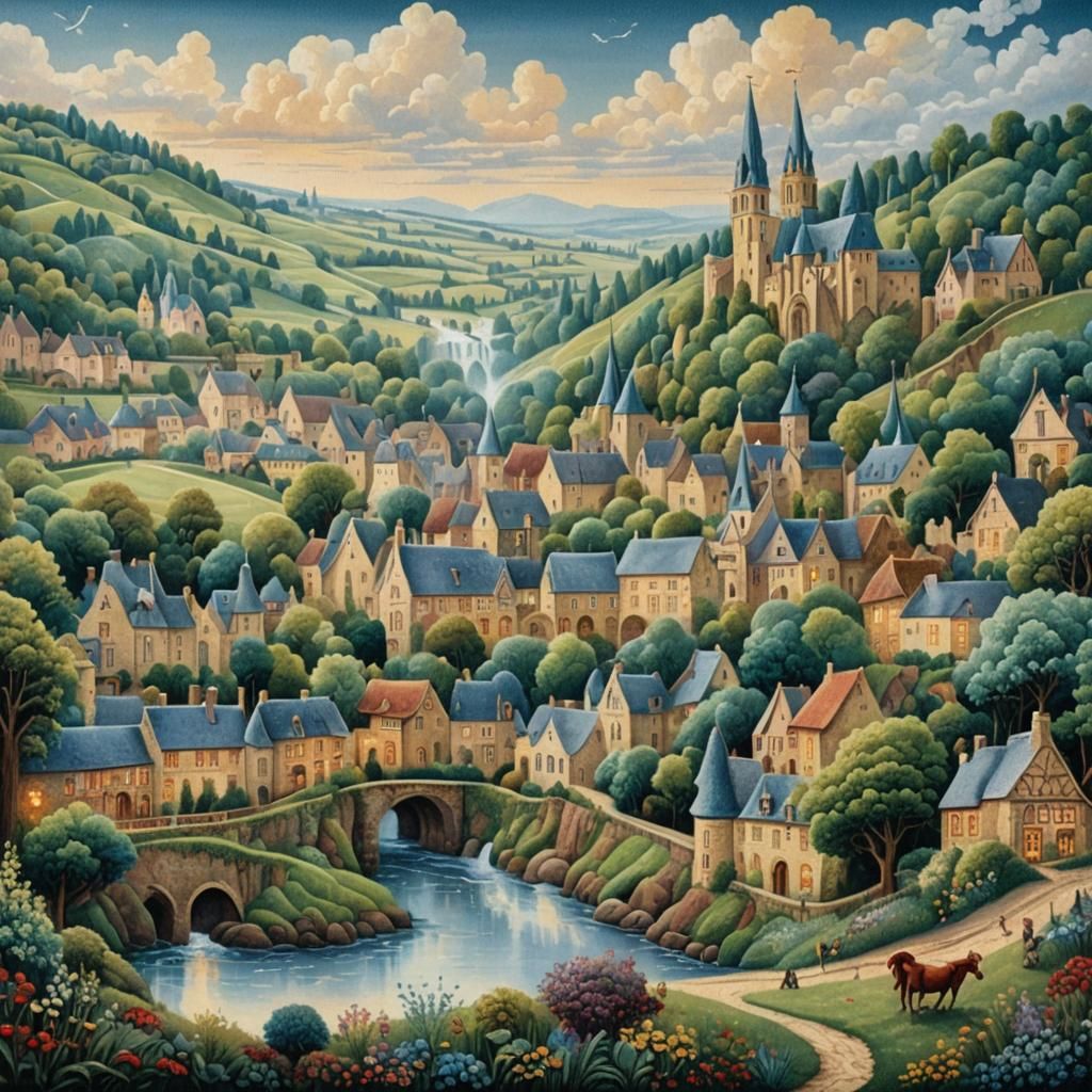 Knitted Tapestry of French Village in Naive Art